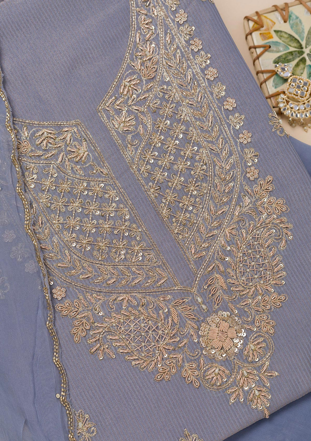 Grey Cutdana Tissue Unstitched Salwar Suit