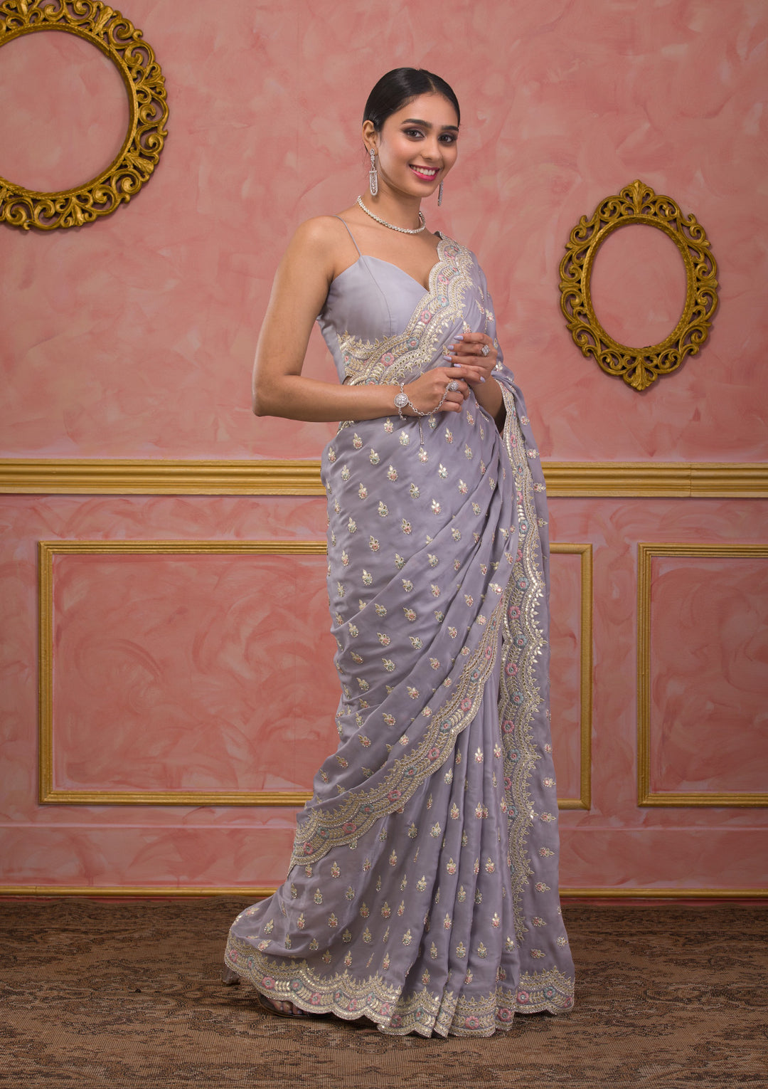 Grey Gotapatti Organza Designer Saree