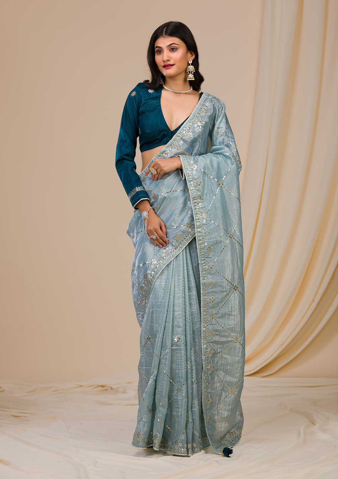 Grey Gotapatti Tissue Saree-Koskii