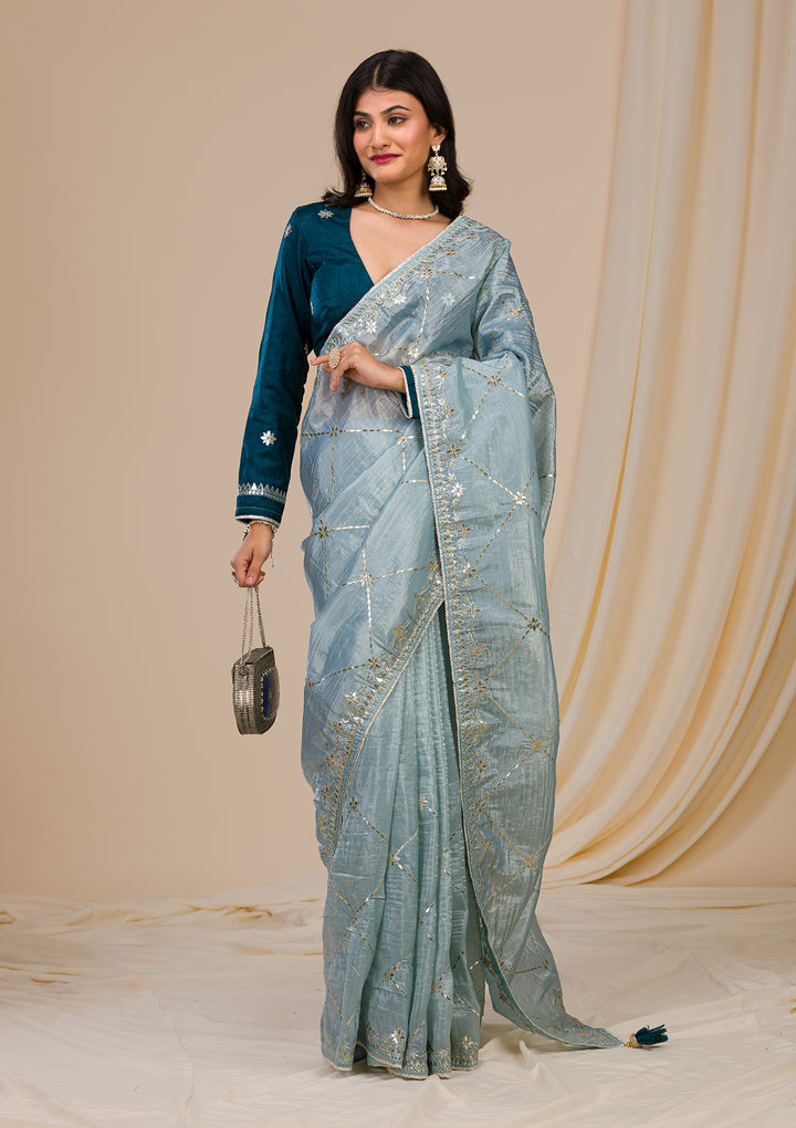 Grey Gotapatti Organza Saree