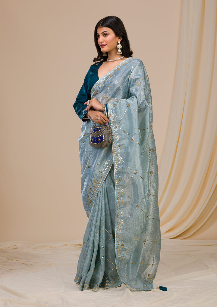 Grey Gotapatti Organza Saree