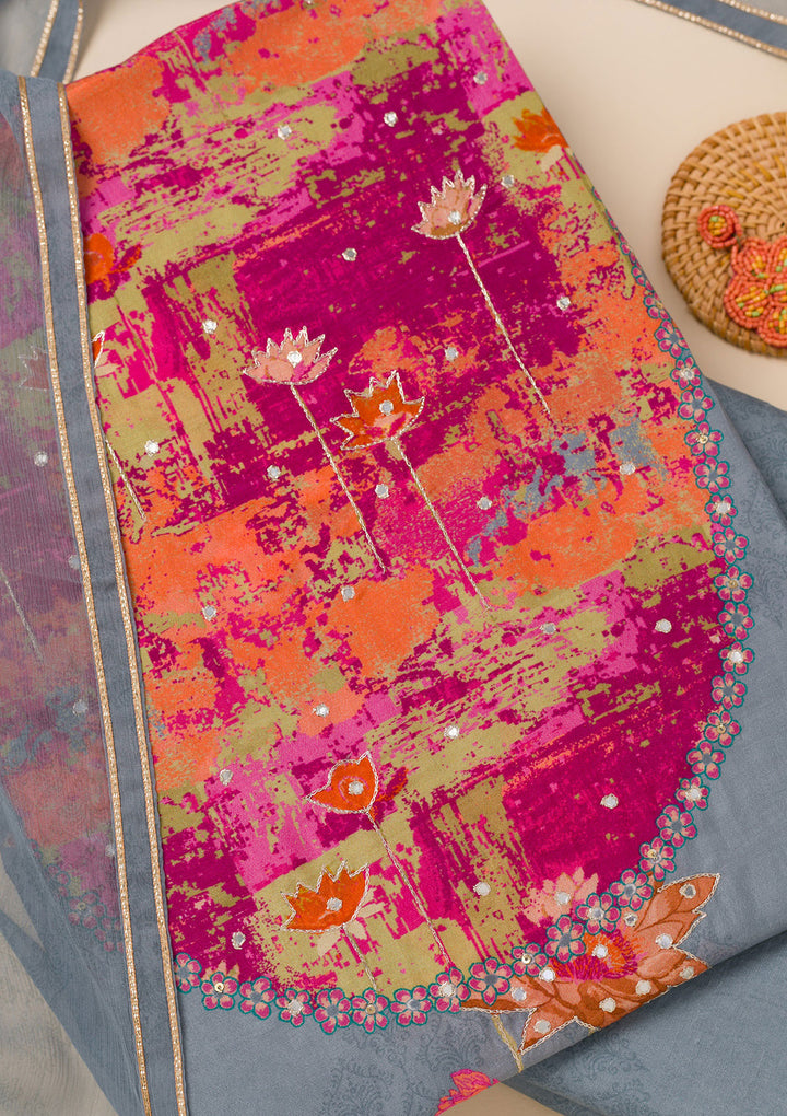 Grey Patchwork Semi Crepe Unstitched Salwar Suit