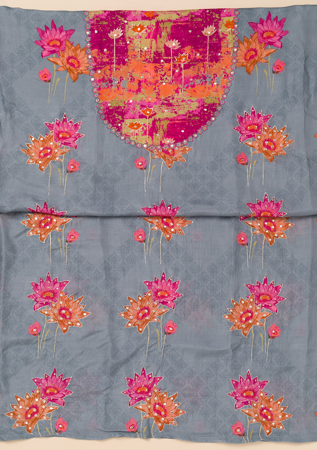 Grey Patchwork Semi Crepe Unstitched Salwar Suit