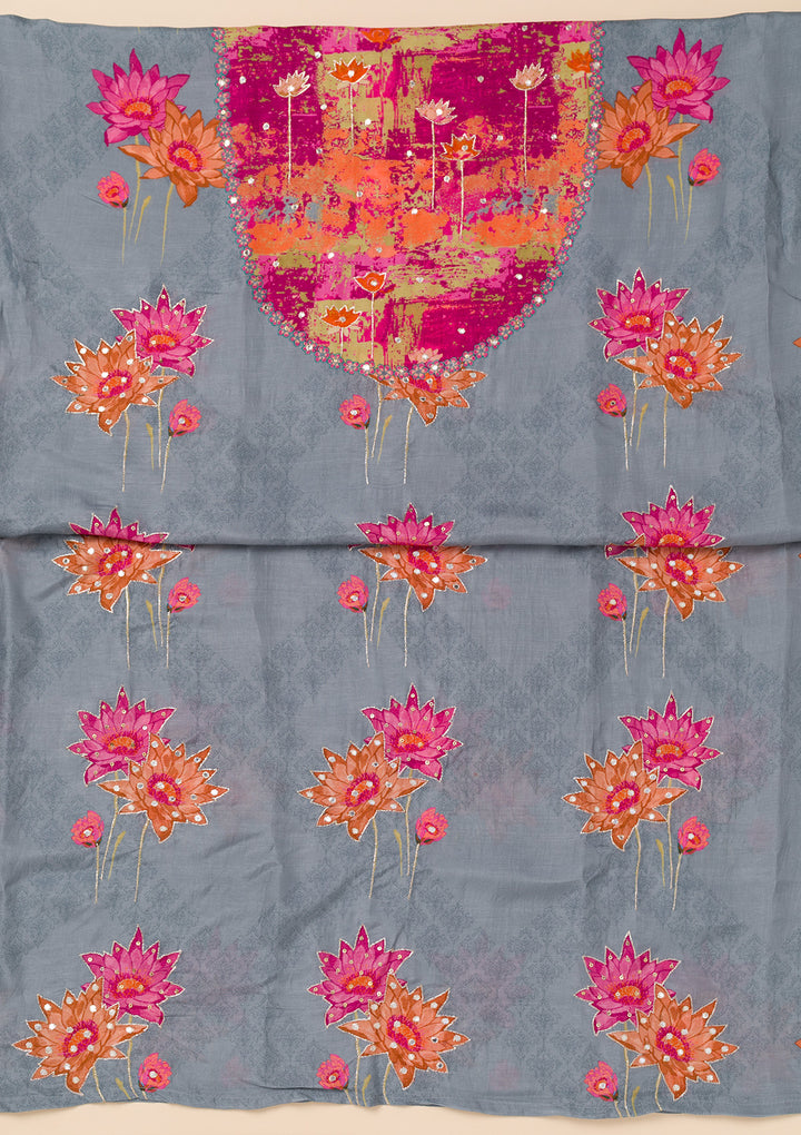 Grey Patchwork Semi Crepe Unstitched Salwar Suit