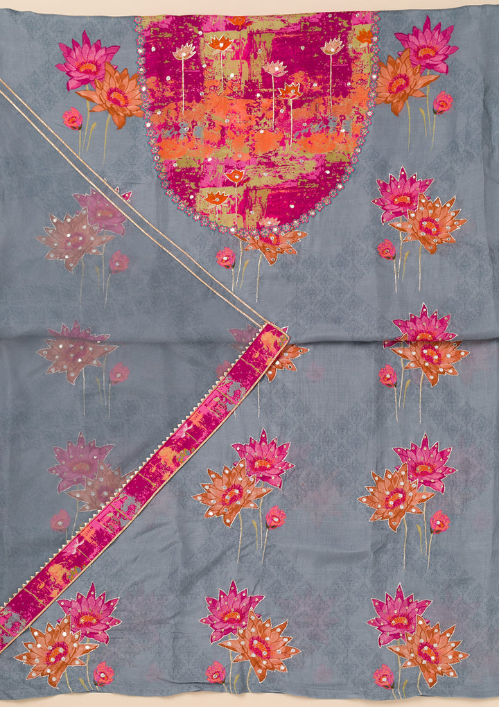 Grey Patchwork Semi Crepe Unstitched Salwar Suit