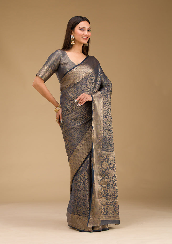 Grey Plain Art Silk Saree