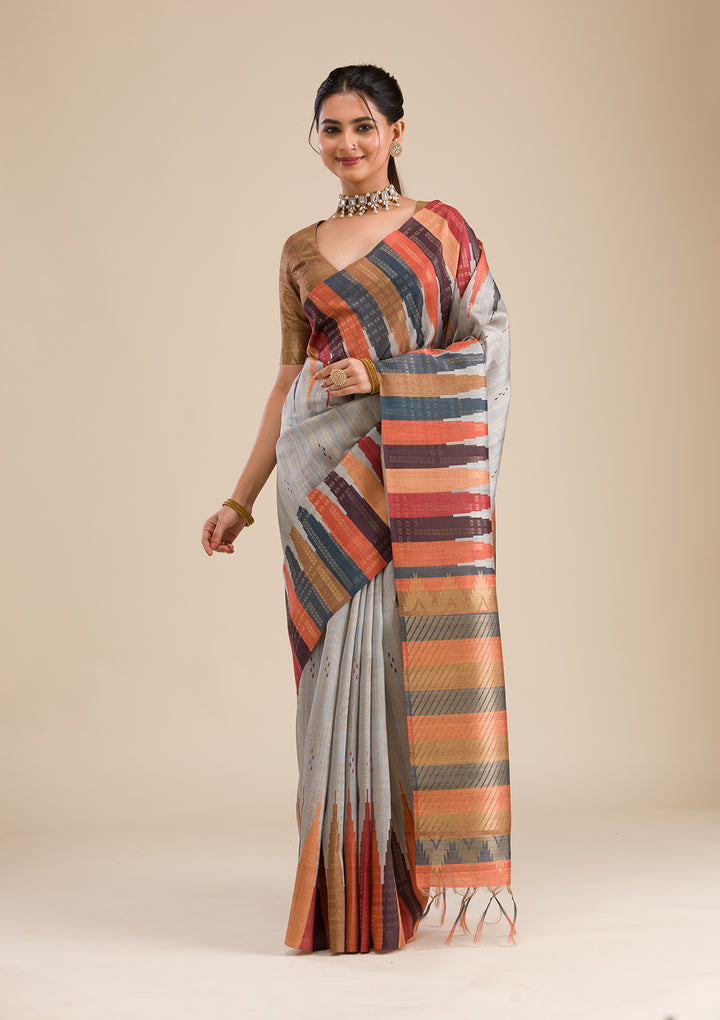 Grey Printed Art Silk Saree