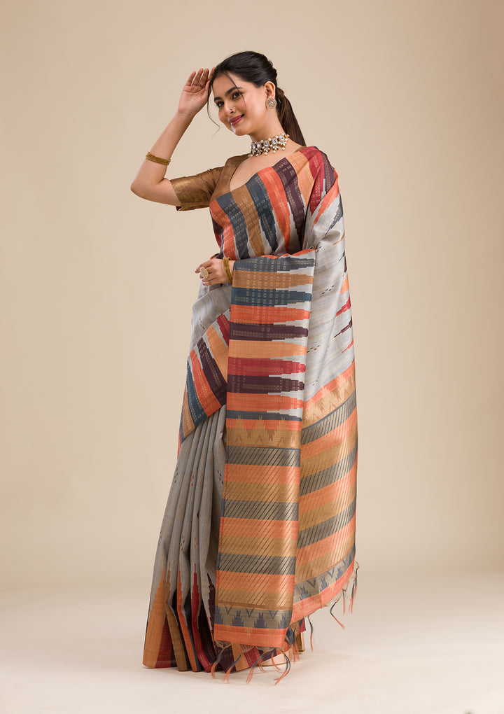 Grey Printed Art Silk Saree