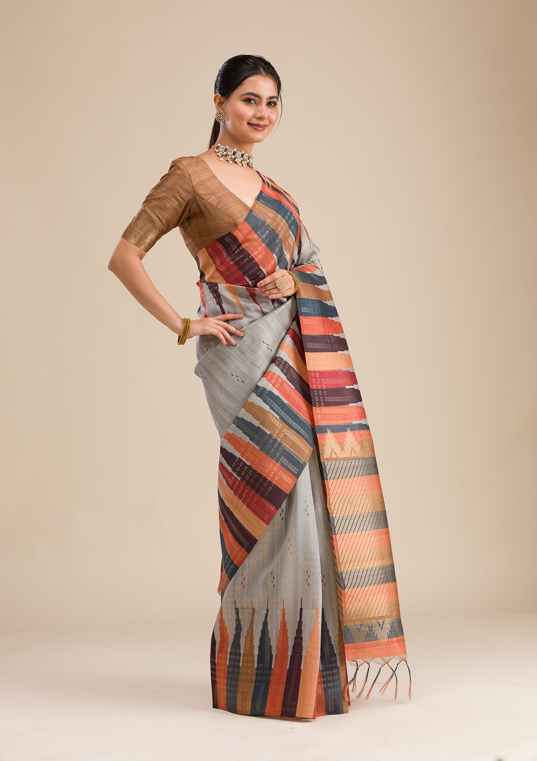 Grey Printed Art Silk Saree