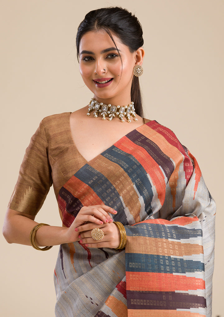 Grey Printed Art Silk Saree