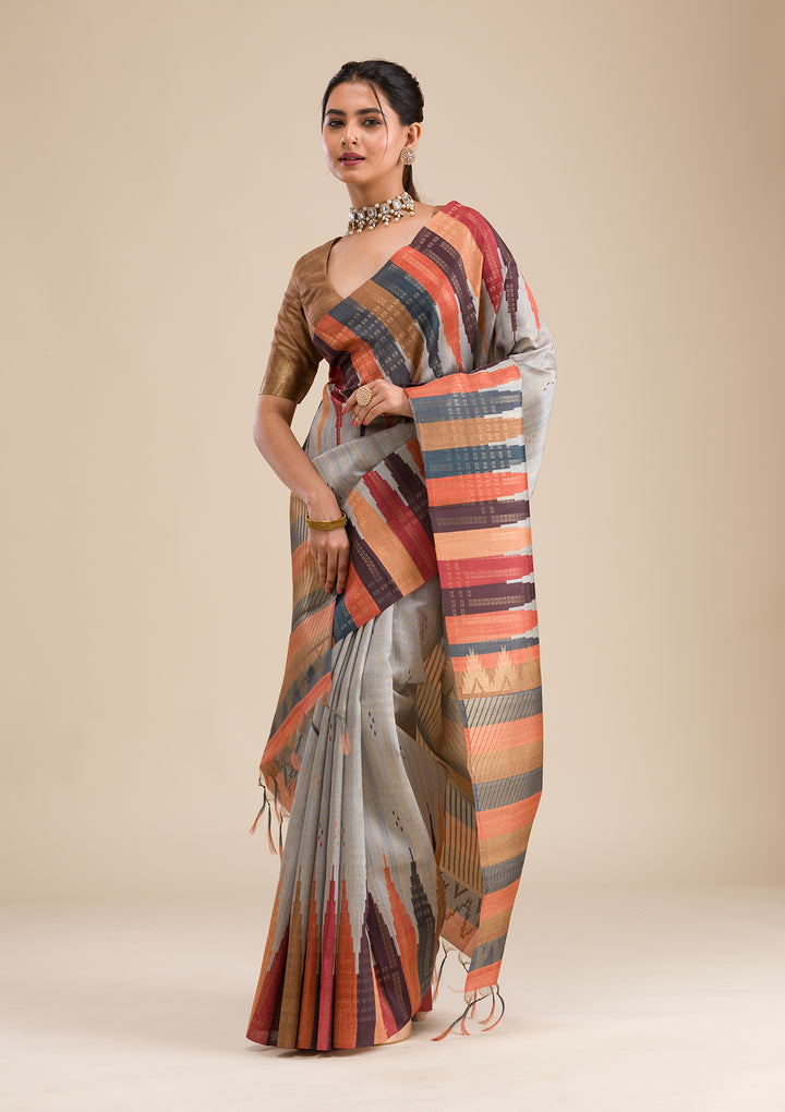Grey Printed Art Silk Saree