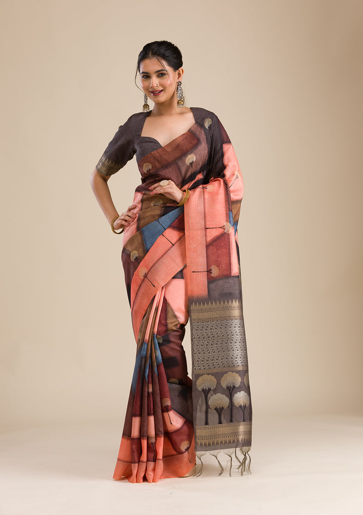Grey Printed Art Silk Saree
