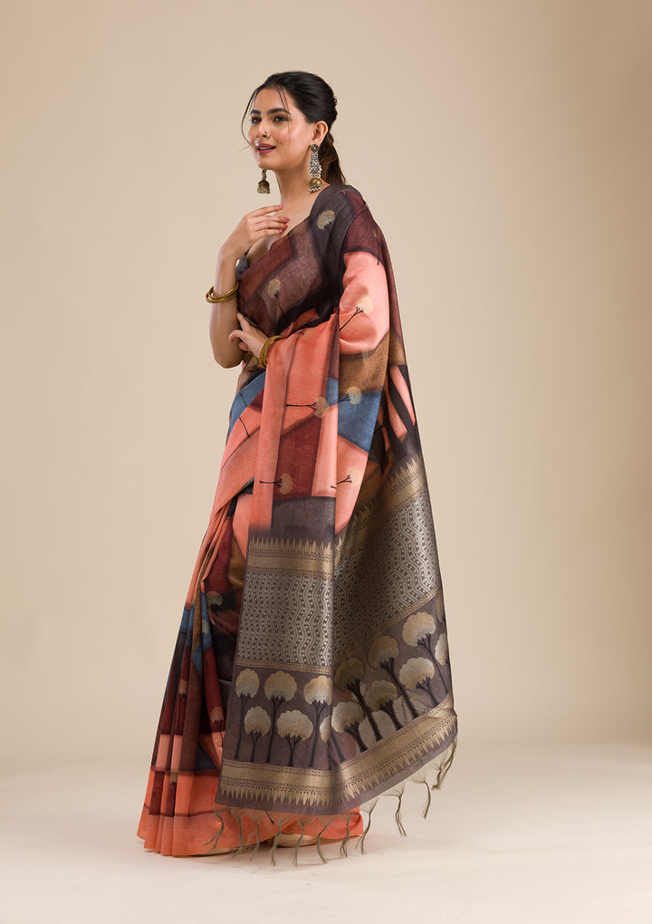 Grey Printed Art Silk Saree