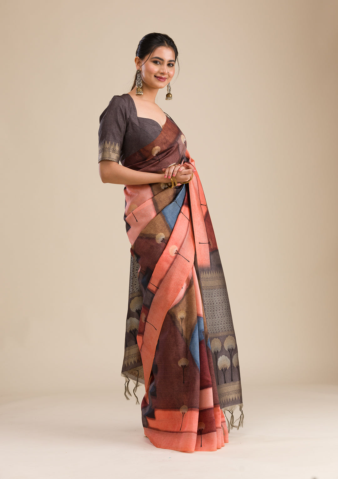 Grey Printed Art Silk Saree