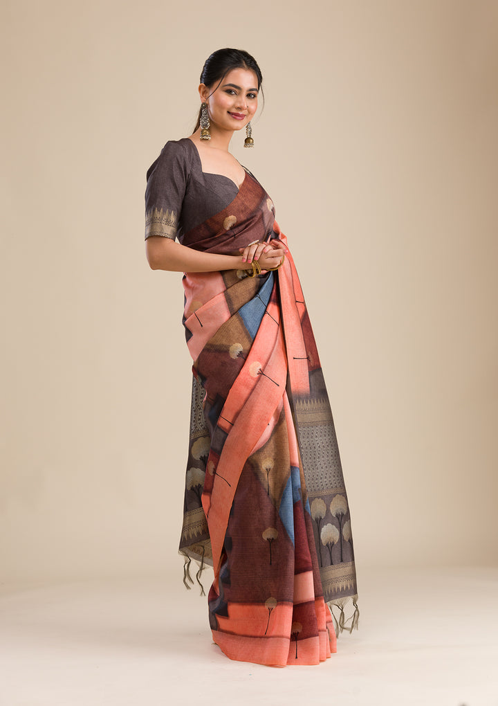 Grey Printed Art Silk Saree