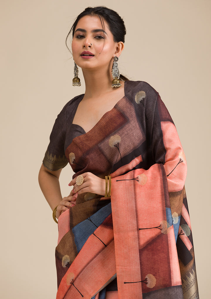 Grey Printed Art Silk Saree