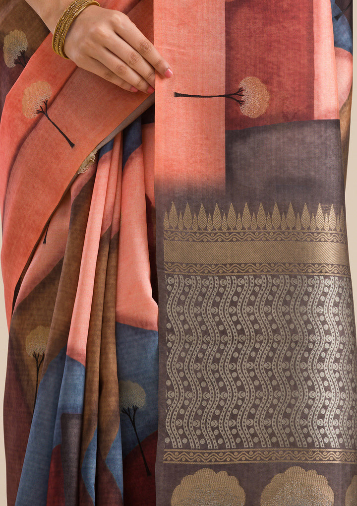 Grey Printed Art Silk Saree