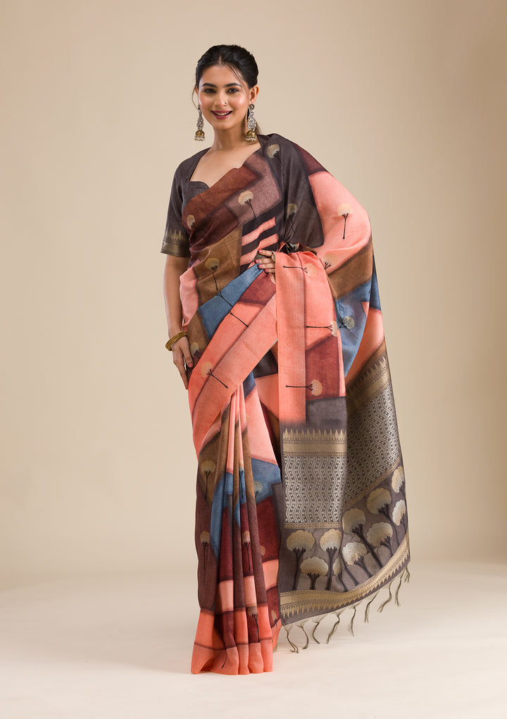 Grey Printed Art Silk Saree