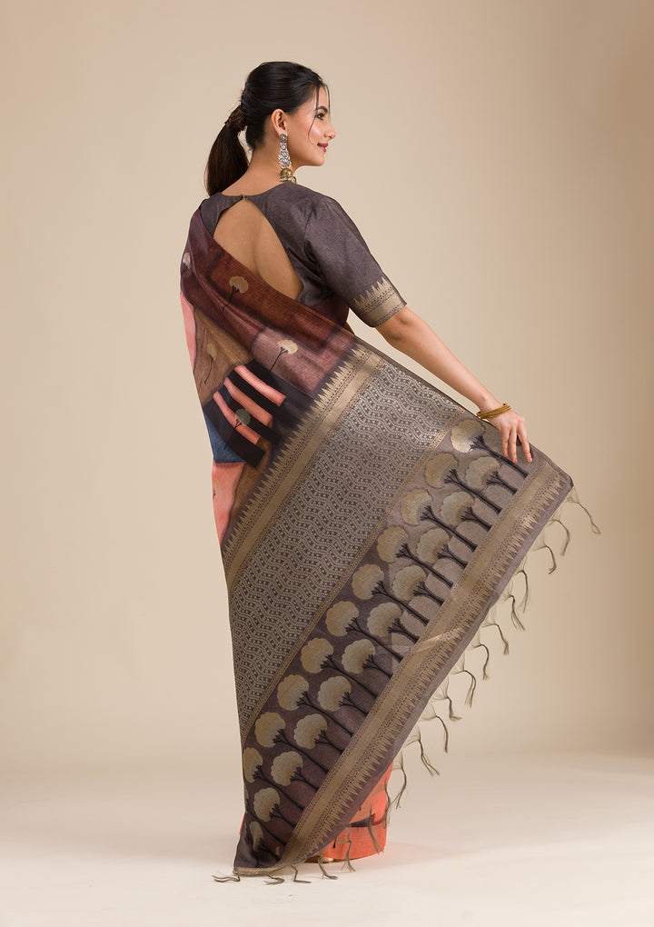 Grey Printed Art Silk Saree