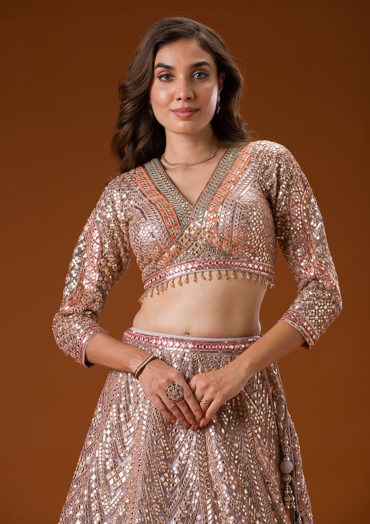 Grey Printed Net Readymade Lehenga