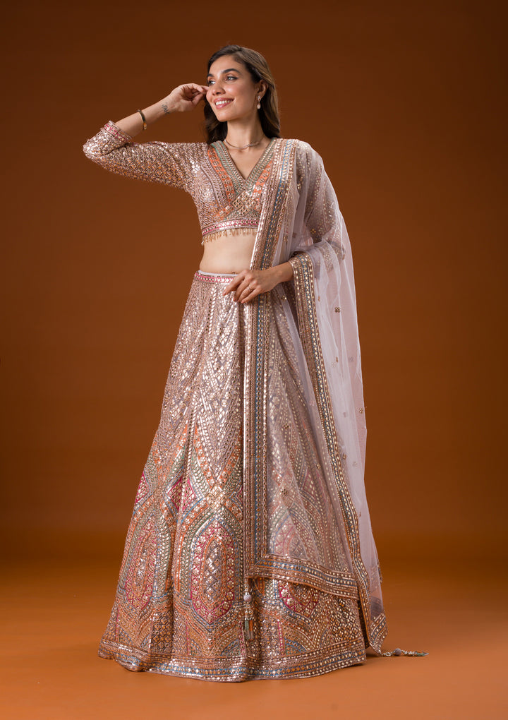 Grey Printed Net Readymade Lehenga
