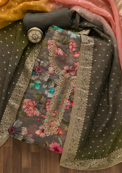 Grey Printed Organza Unstitched Salwar Suit-Koskii