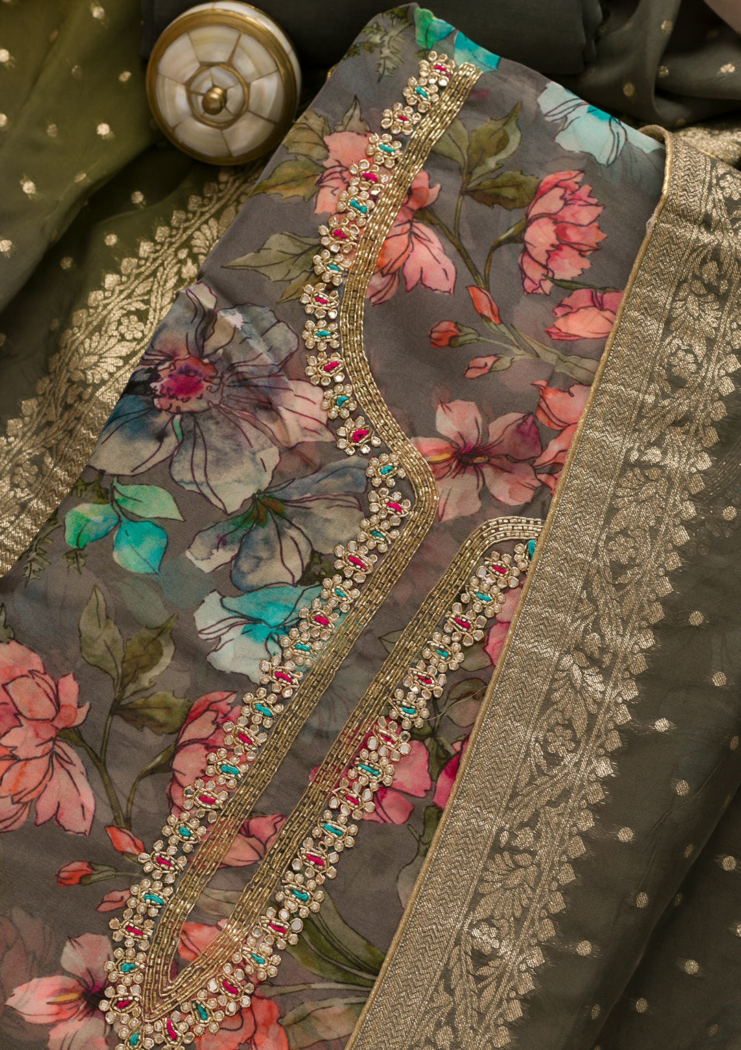 Grey Printed Organza Unstitched Salwar Suit