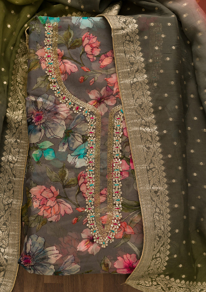 Grey Printed Organza Unstitched Salwar Suit