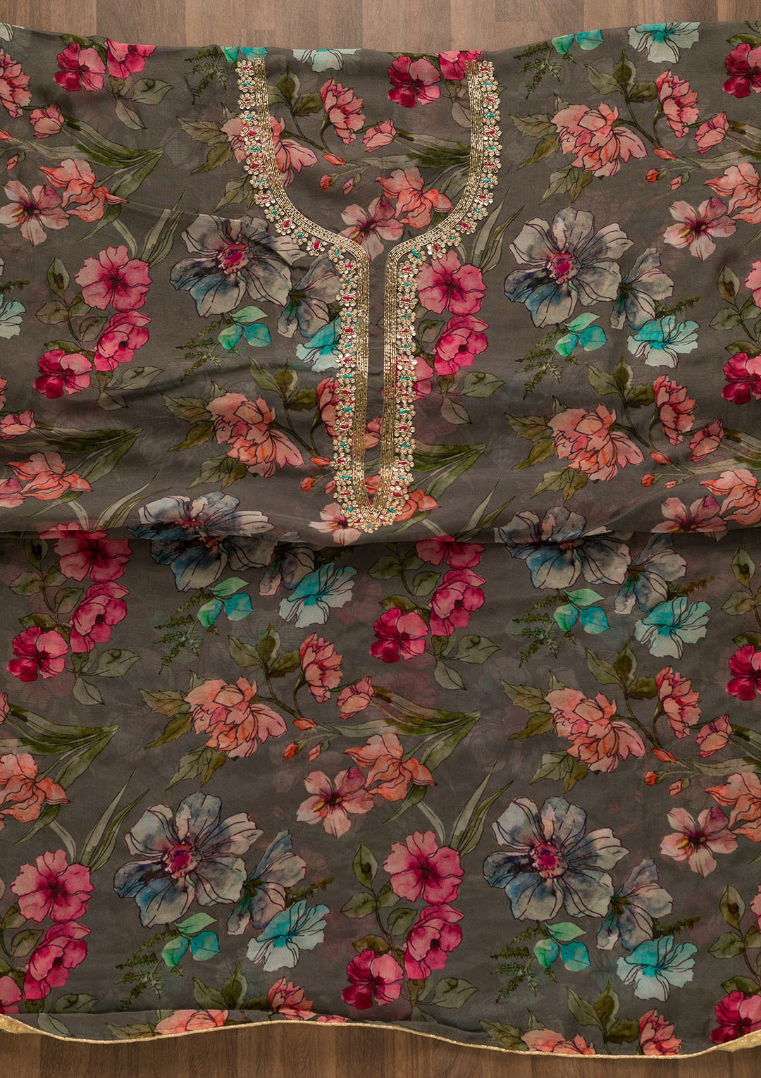 Grey Printed Organza Unstitched Salwar Suit