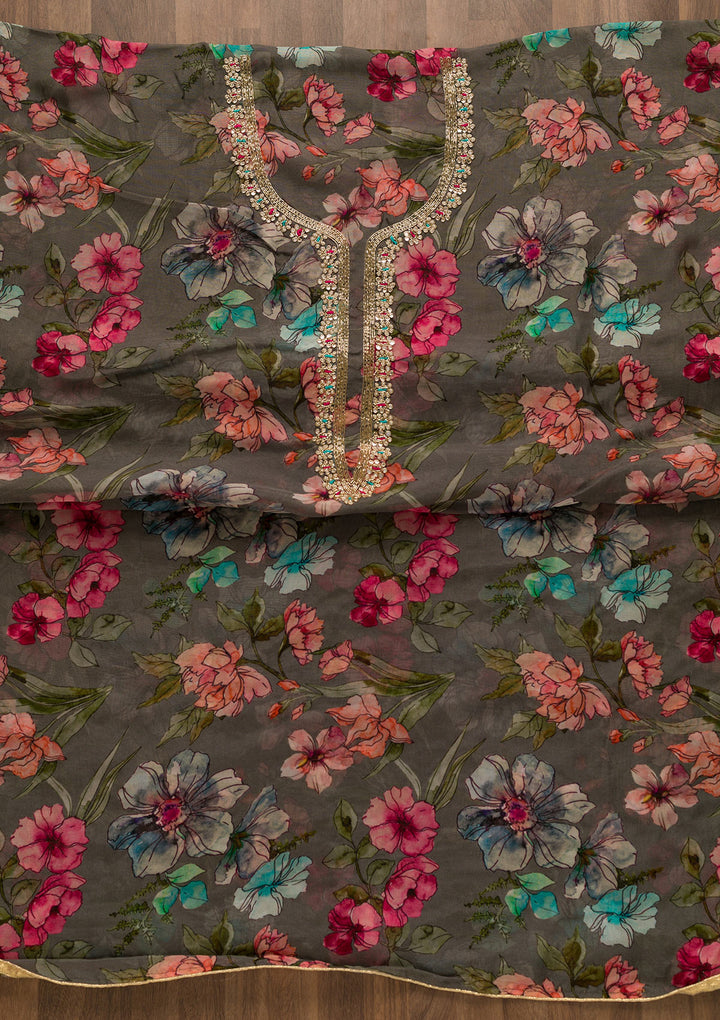 Grey Printed Organza Unstitched Salwar Suit