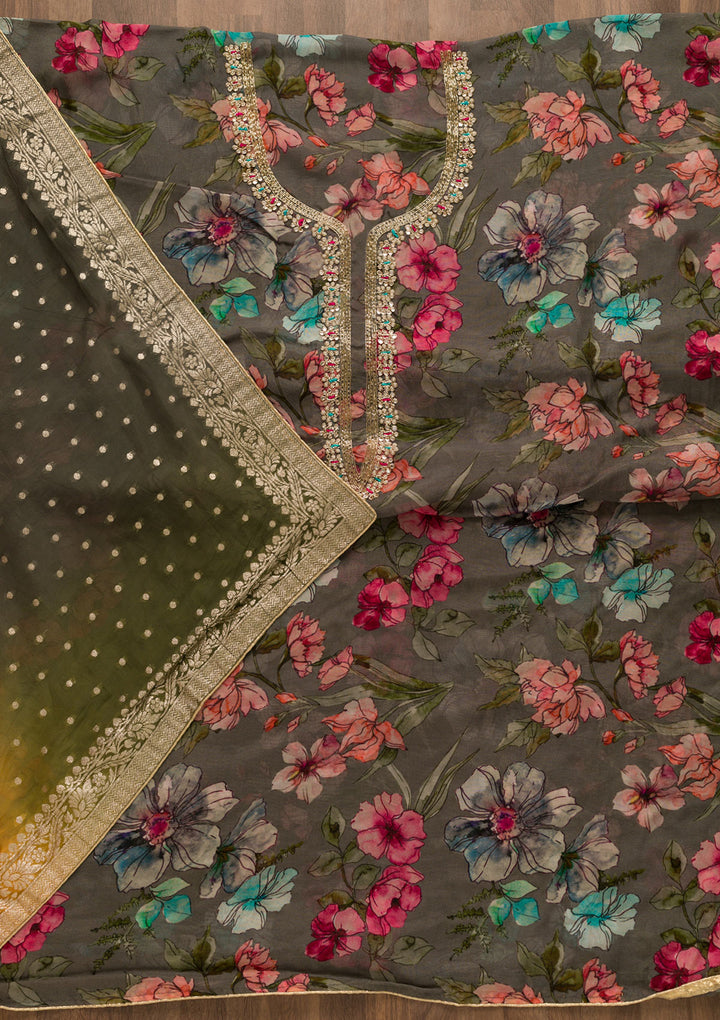 Grey Printed Organza Unstitched Salwar Suit
