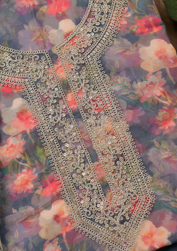 Grey Printed Organza Unstitched Salwar Suit