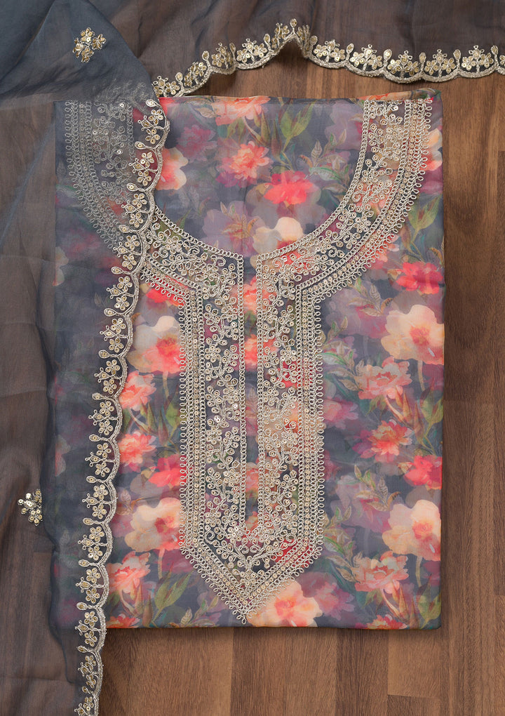 Grey Printed Organza Unstitched Salwar Suit