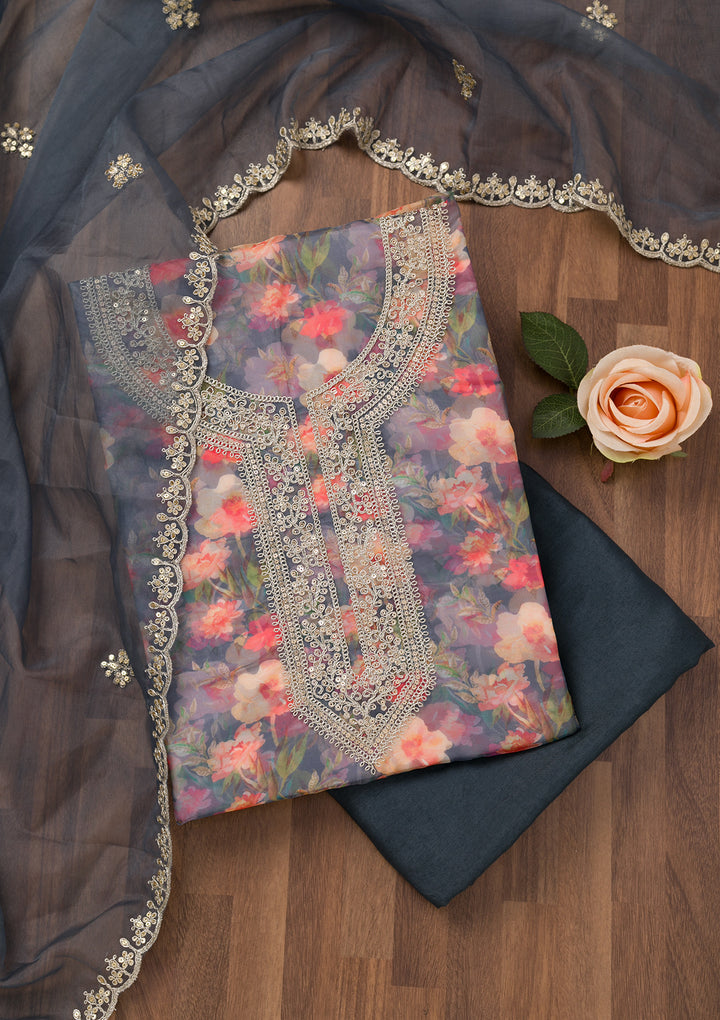 Grey Printed Organza Unstitched Salwar Suit