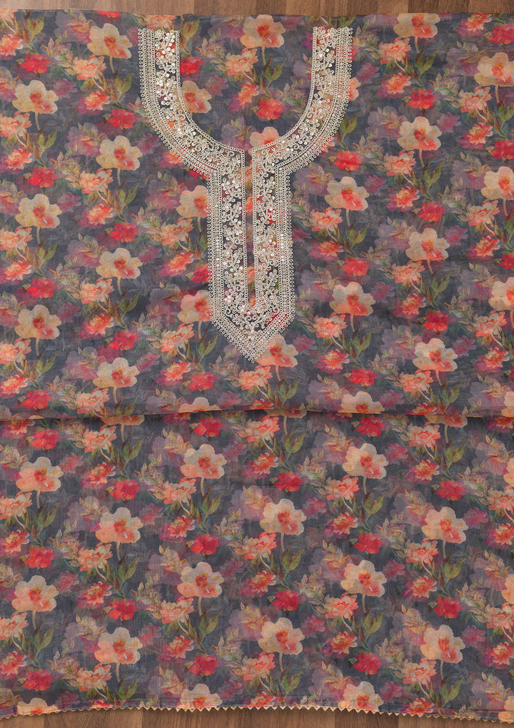 Grey Printed Organza Unstitched Salwar Suit