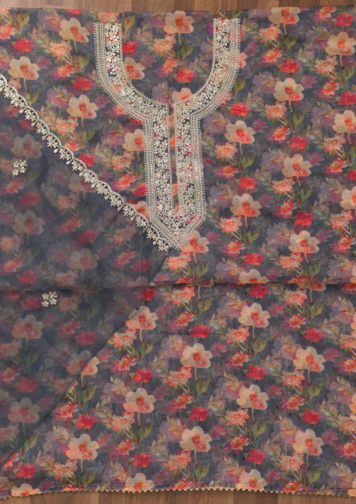 Grey Printed Organza Unstitched Salwar Suit