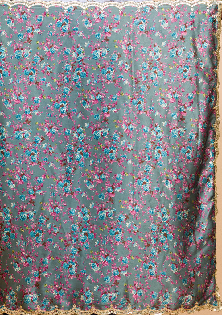 Grey Floral Printed Satin Designer Saree