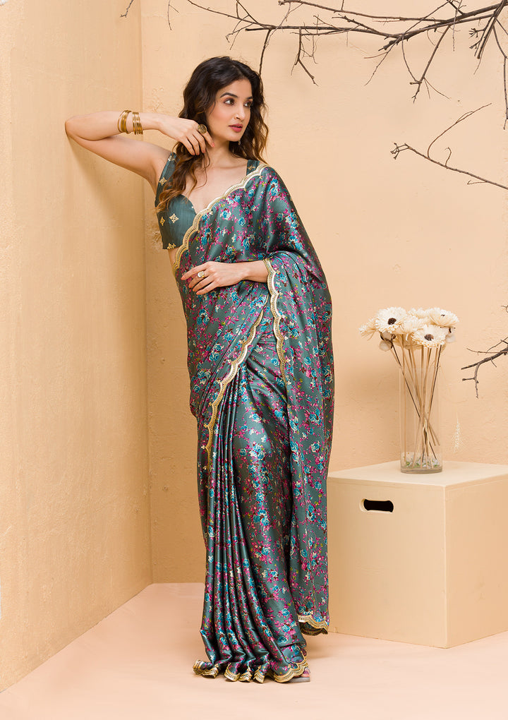 Grey Floral Printed Satin Designer Saree
