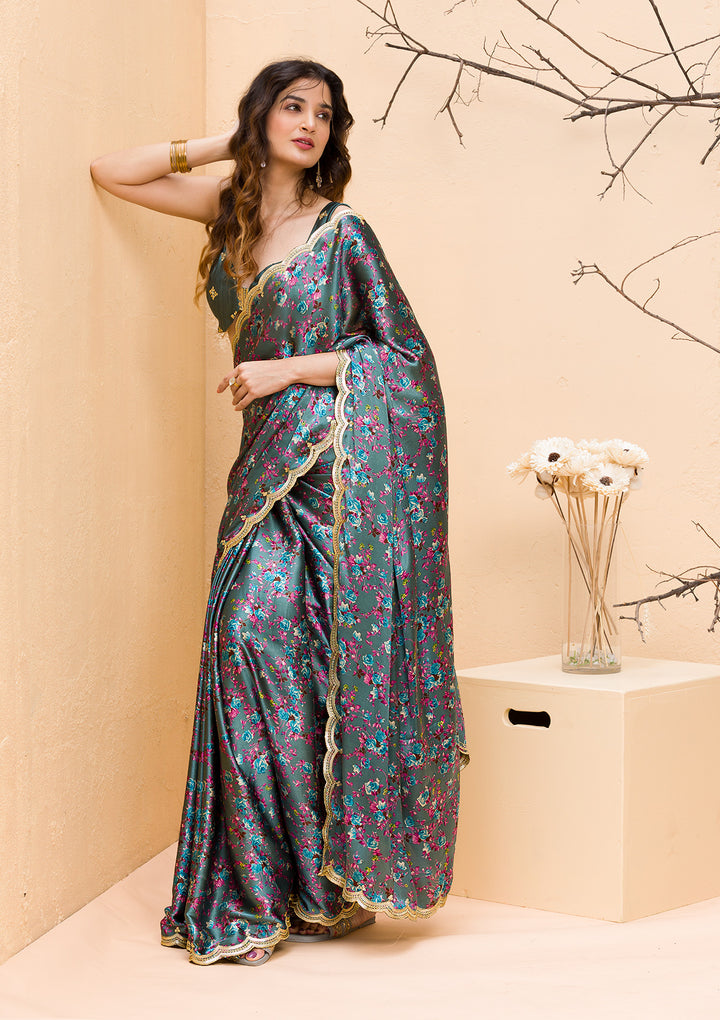 Grey Floral Printed Satin Designer Saree