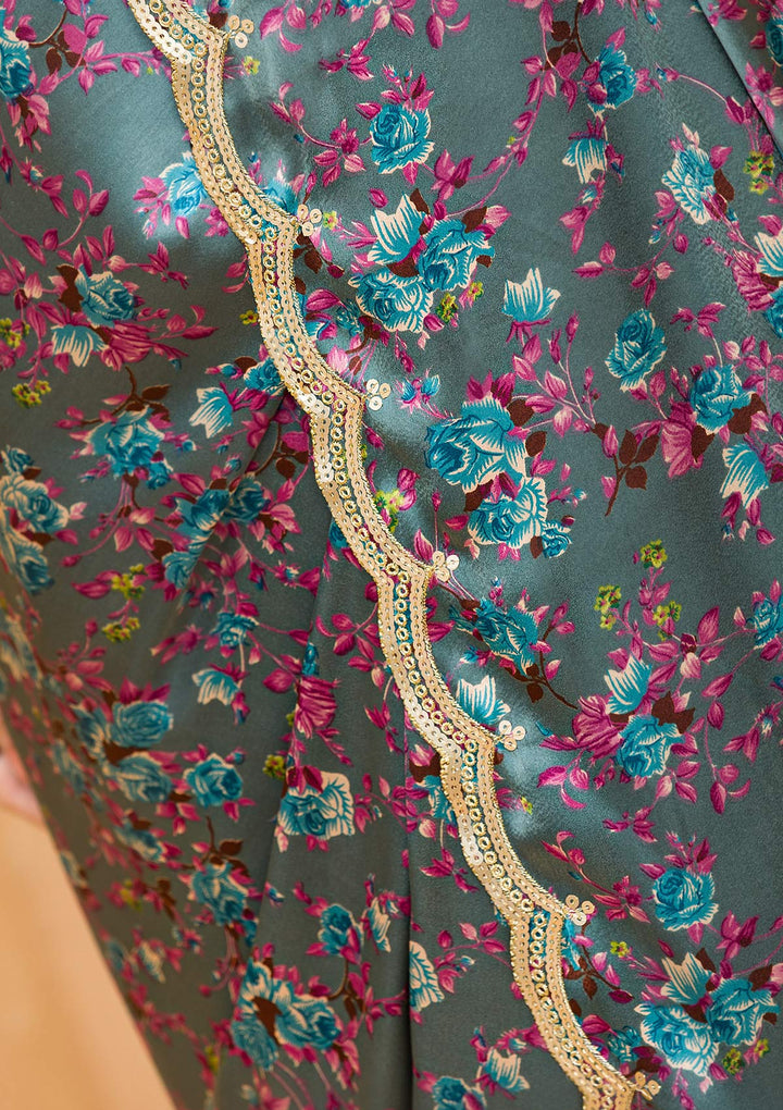 Grey Floral Printed Satin Designer Saree
