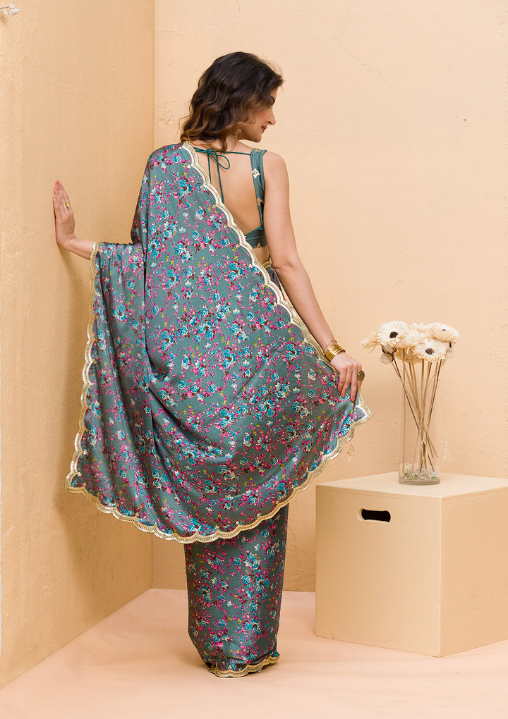 Grey Floral Printed Satin Designer Saree