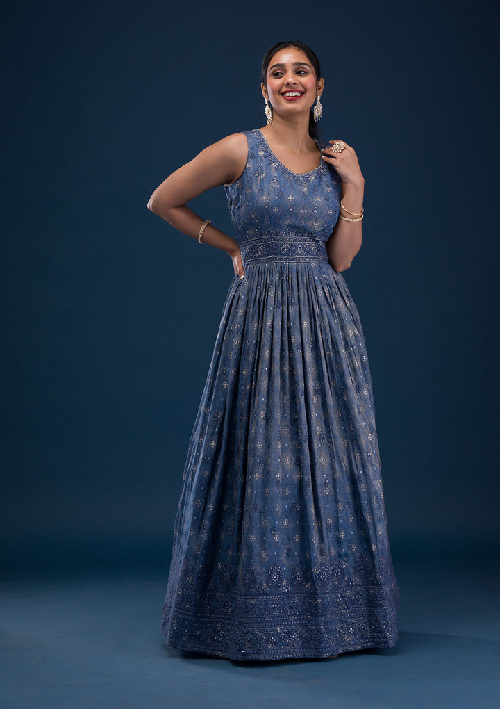 Grey Printed Semi Crepe Readymade Anarkali Suit