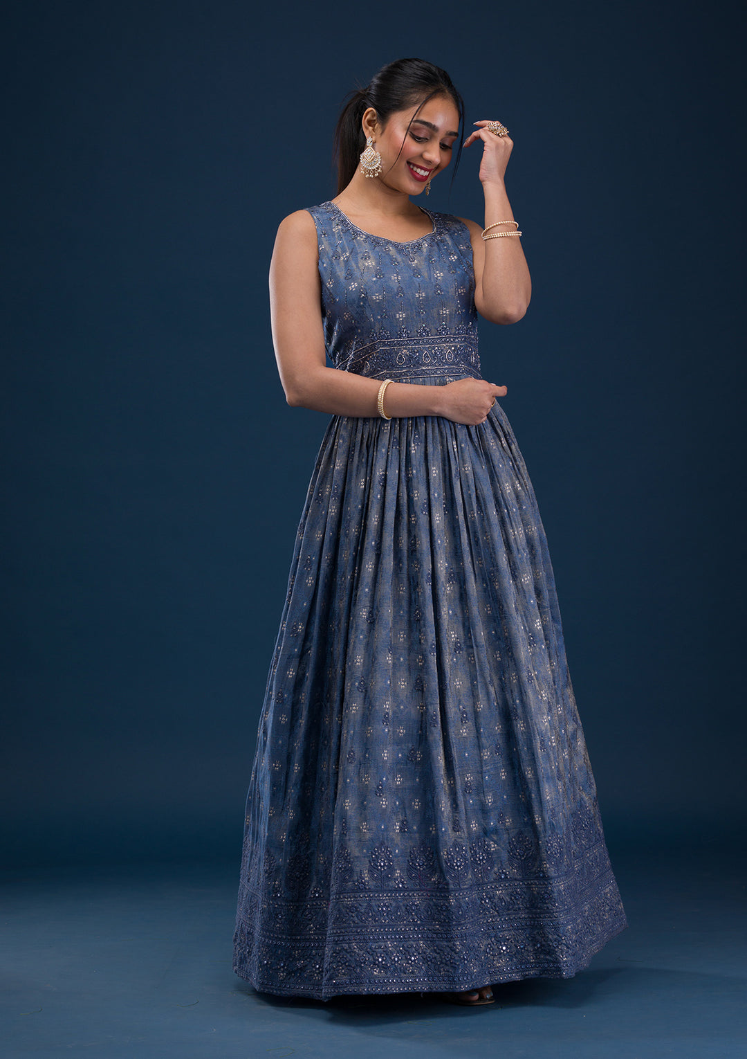 Grey Printed Semi Crepe Readymade Anarkali Suit