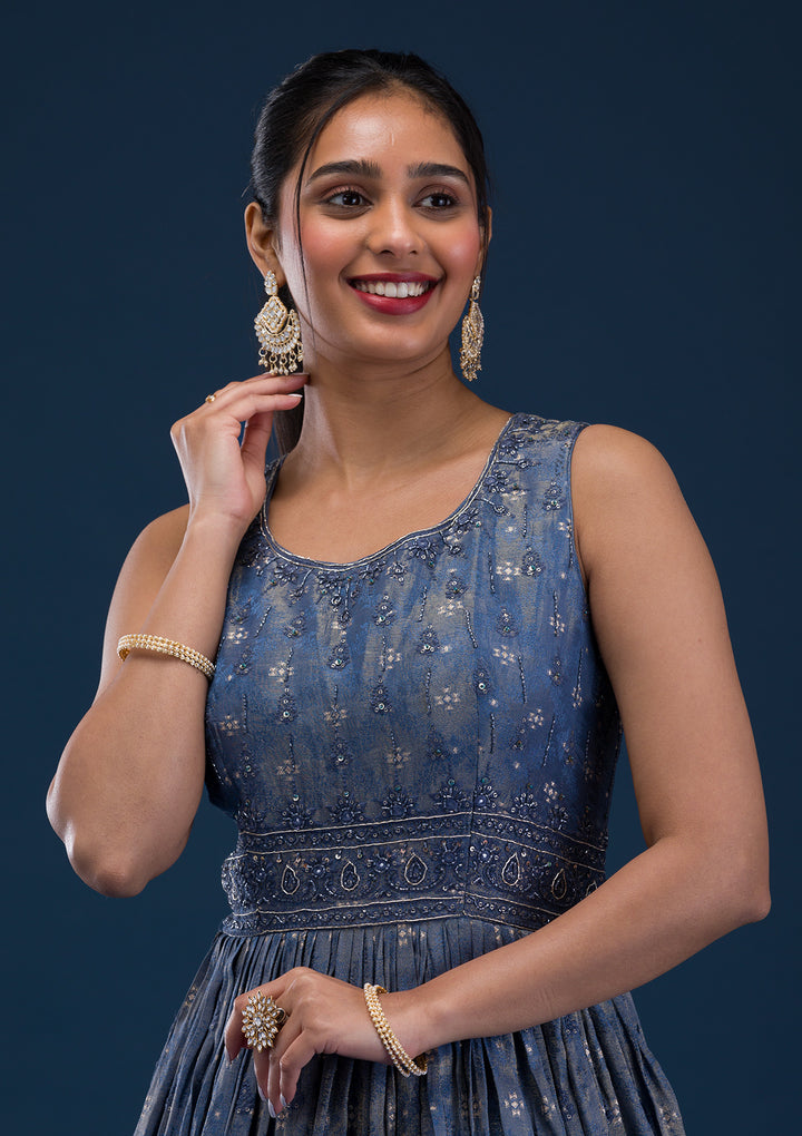 Grey Printed Semi Crepe Readymade Anarkali Suit