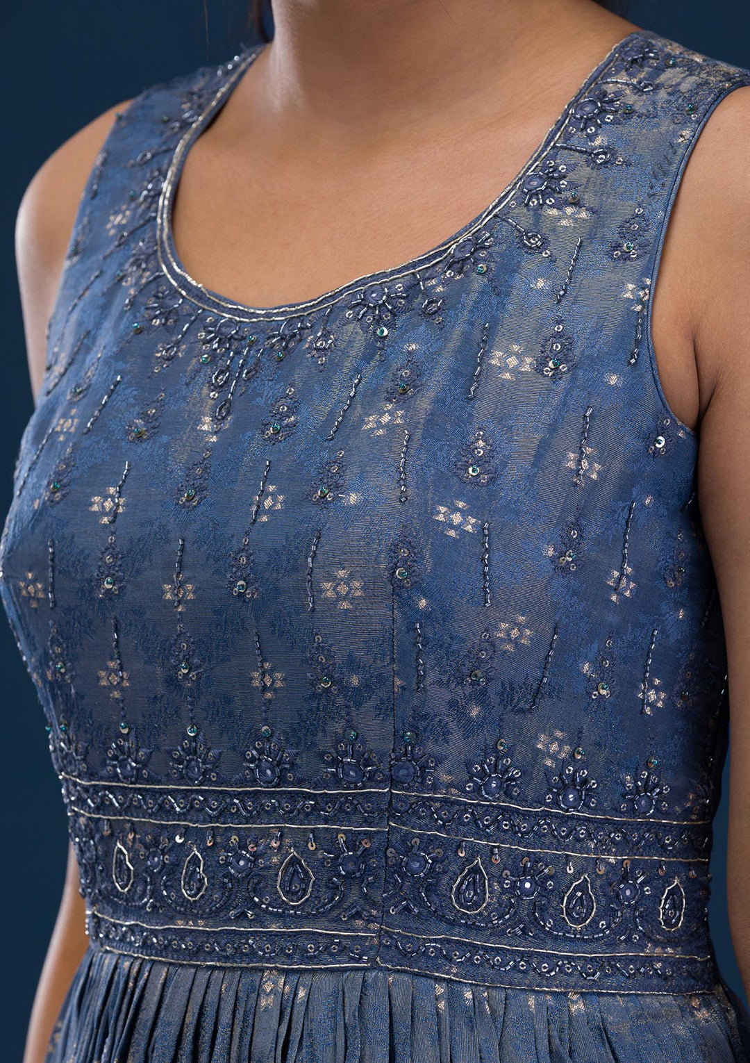 Grey Printed Semi Crepe Readymade Anarkali Suit