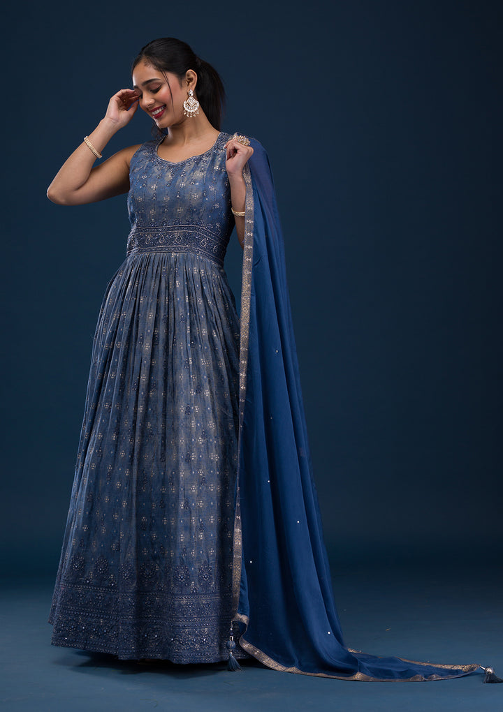 Grey Printed Semi Crepe Readymade Anarkali Suit