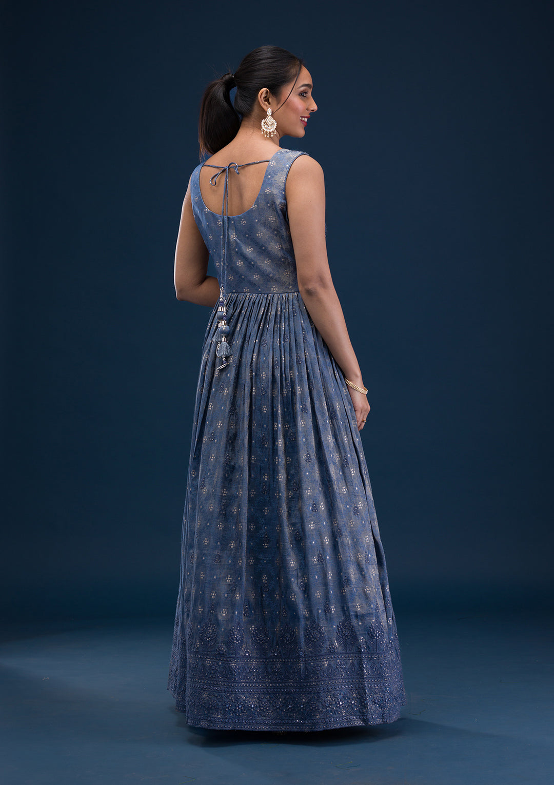 Grey Printed Semi Crepe Readymade Anarkali Suit