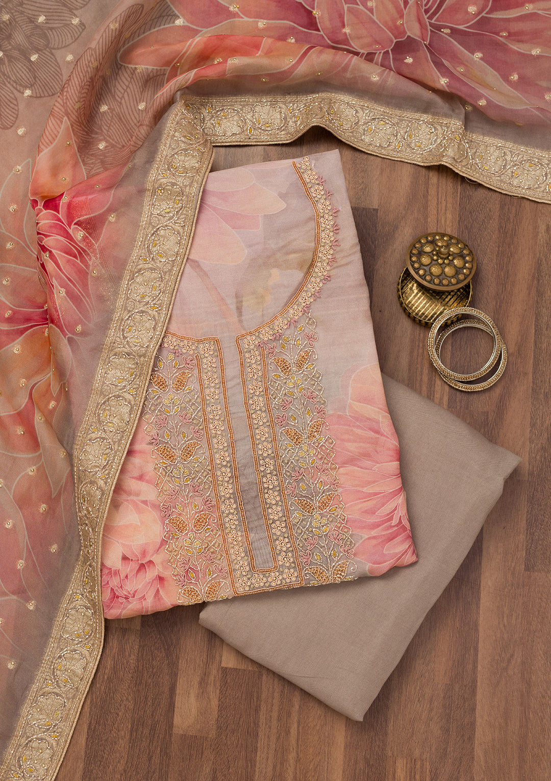 Grey Printed Semi Crepe Unstitched Salwar Suit