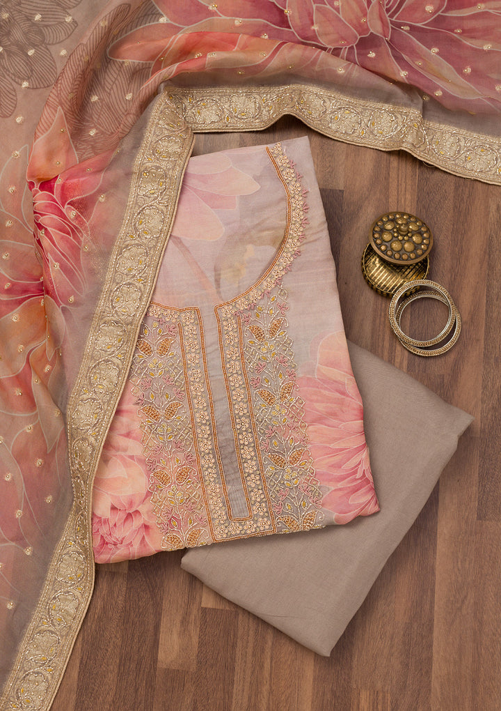Grey Printed Semi Crepe Unstitched Salwar Suit