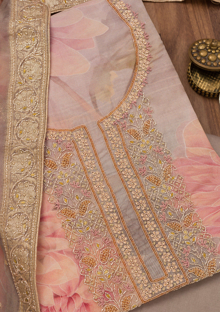 Grey Printed Semi Crepe Unstitched Salwar Suit